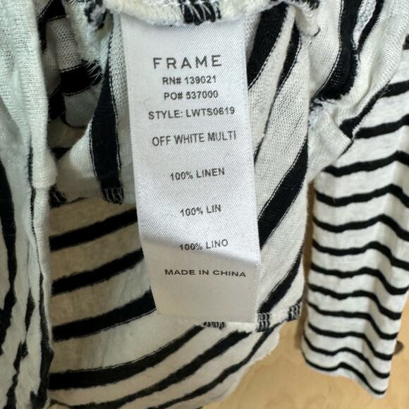 Frame Women’s Crewneck Striped White Black Linen Top w/ Ruffled Trim Size Small - Picture 6 of 6